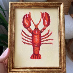 Red Lobster Oil Painting | Stylized Sea Food Wall Art on Beige Background | Red Kitchen Decor | Gold Framed or Unframed | by LifeWingsArt