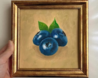 Blueberry Oil Painting, Still Life Kitchen Wall Art, Framed or Unframed