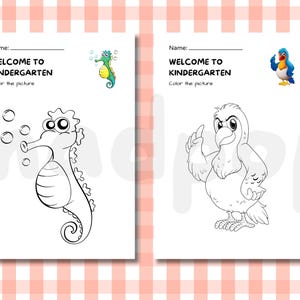 May include: Two coloring pages for kindergarten. The left page features a seahorse blowing bubbles, and the right page shows a bird. Both pages have the text "WELCOME TO KINDERGARTEN" and a space for a name. The background is a pink and white checkered pattern.