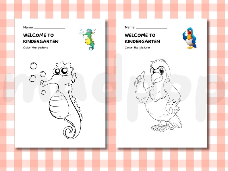 May include: Two coloring pages for kindergarten. The left page features a seahorse blowing bubbles, and the right page shows a bird. Both pages have the text "WELCOME TO KINDERGARTEN" and a space for a name. The background is a pink and white checkered pattern.