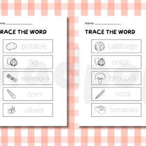 May include: Two black and white worksheets with the text "TRACE THE WORD" at the top. The worksheets feature line drawings of vegetables like potatoes, onions, asparagus, corn, olives, cabbage, broccoli, okra, and tomatoes.