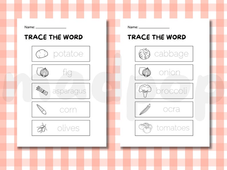 May include: Two black and white worksheets with the text "TRACE THE WORD" at the top. The worksheets feature line drawings of vegetables like potatoes, onions, asparagus, corn, olives, cabbage, broccoli, okra, and tomatoes.