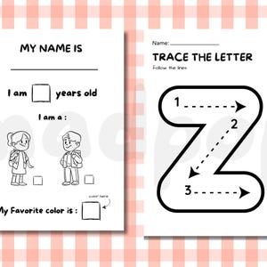 May include: Two-page worksheet for children. The left page has fill-in-the-blank sections for name, age, and favorite color, with illustrations of a boy and girl. The right page features the text "TRACE THE LETTER" and a large letter "Z" with numbered tracing guides.