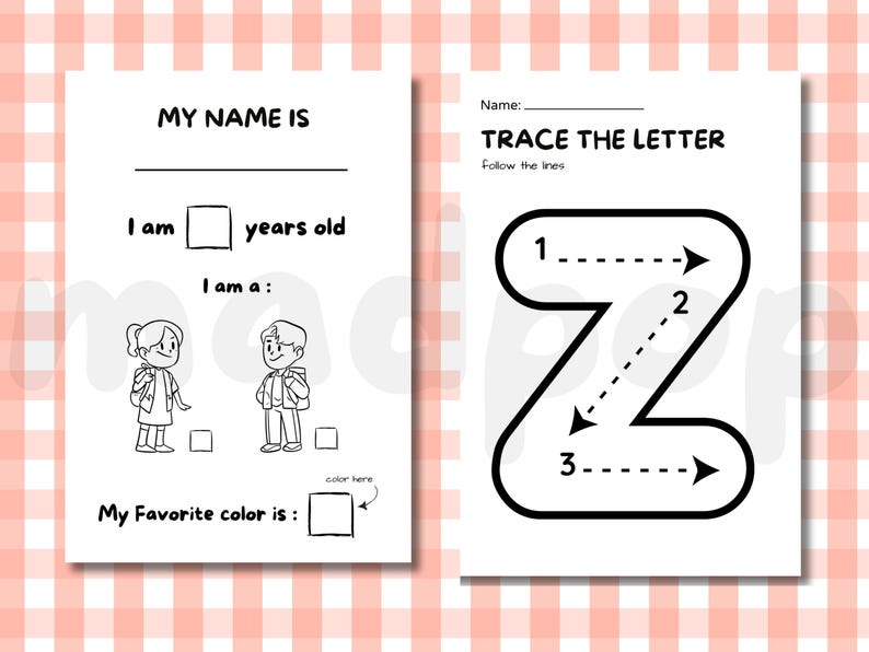 May include: Two-page worksheet for children. The left page has fill-in-the-blank sections for name, age, and favorite color, with illustrations of a boy and girl. The right page features the text "TRACE THE LETTER" and a large letter "Z" with numbered tracing guides.