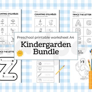 May include: A collection of preschool printable worksheets, including counting syllables, tracing letters, and identifying vegetables. The worksheets are designed for kindergarten students and feature illustrations and the text "Kindergarten Bundle".