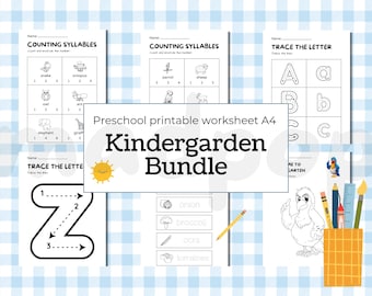 Arbeitsblätter für die Vorschule | Alphabet nachzeichnen, Silben zählen, Malvorlagen für den Kindergarten | Lehrreiches druckbares PDF CMYK 50 Seiten l