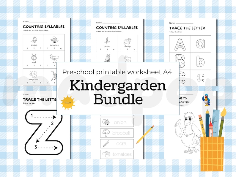 May include: A collection of preschool printable worksheets, including counting syllables, tracing letters, and identifying vegetables. The worksheets are designed for kindergarten students and feature illustrations and the text "Kindergarten Bundle".
