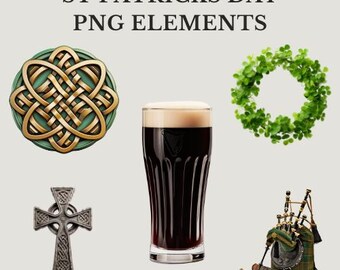 5 Celtic PNG | Bagpipe, Celtic Cross, Knot, Clover Wreath & Dark Beer | St. Patrick's Day Clipart | Irish and Scottish Digital Download