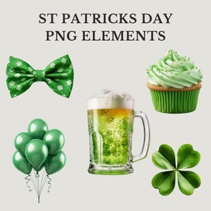 Può includere: Un set di elementi di clipart digitale a tema San Patrizio. Il set include una cravatta a farfalla verde, un trifoglio verde, una boccale di birra verde, un cupcake verde con glassa bianca e palloncini verdi.