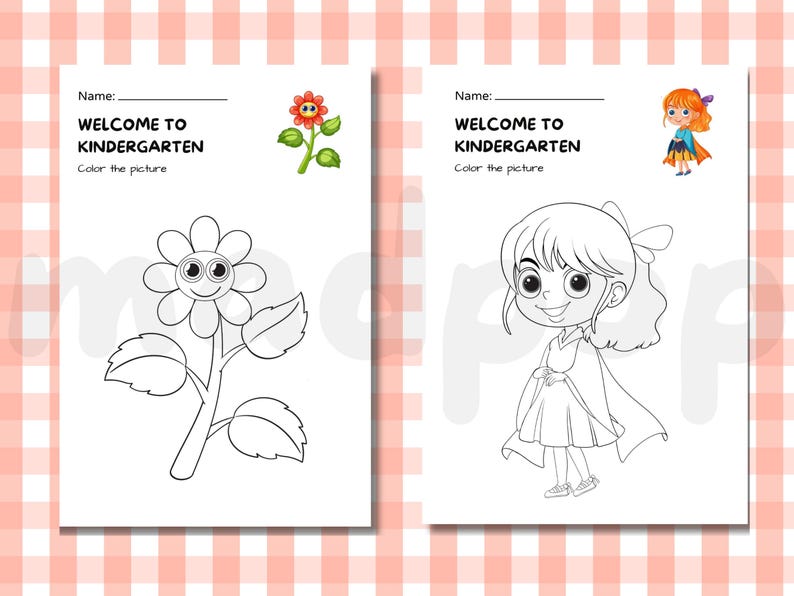 May include: Two coloring pages for kindergarten. One page features a smiling flower, the other a cartoon girl. Both pages have the text "WELCOME TO KINDERGARTEN" and "Color the picture".