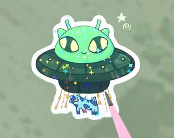 Alien Cow Abduction Sticker: Green UFO Die-cut Decal