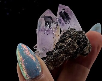Goboboseb Lavender Amethyst Cluster on Black Matrix | Namibia Quartz Crystal Specimen
