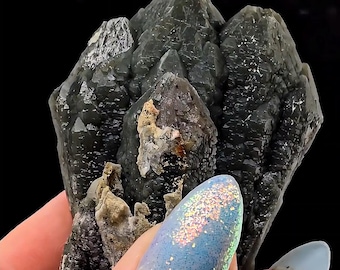Green Hedenbergite Included Dragon Quartz Cluster | Dalnegorsk Russia Etched Skeletal Quartz
