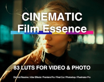 Paquete de 83 LUT de Film Essence: gradación de color cinematográfica para vídeos, fotos y reels / Filtros vintage, melancólicos y analógicos (archivos .CUBE)
