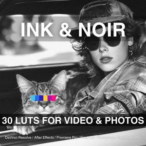 May include: A black and white photograph of a person wearing a cap and sunglasses, sitting in a car with a cat. The text "INK & NOIR 30 LUTS FOR VIDEO & PHOTOS" is displayed below the image.