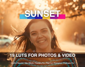 Paquete de 19 LUT de puesta de sol: gradación de color de horas cálidas y doradas para fotos, carretes y ediciones de viajes / filtros cinematográficos de puesta de sol (archivos .CUBE)