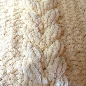 Puede incluir: Primer plano de una manta de punto grueso de color crema. La manta presenta un diseño trenzado grande que recorre el centro, agregando textura e interés visual. El material suave y afelpado sugiere calidez y comodidad, perfecto para la decoración del hogar.