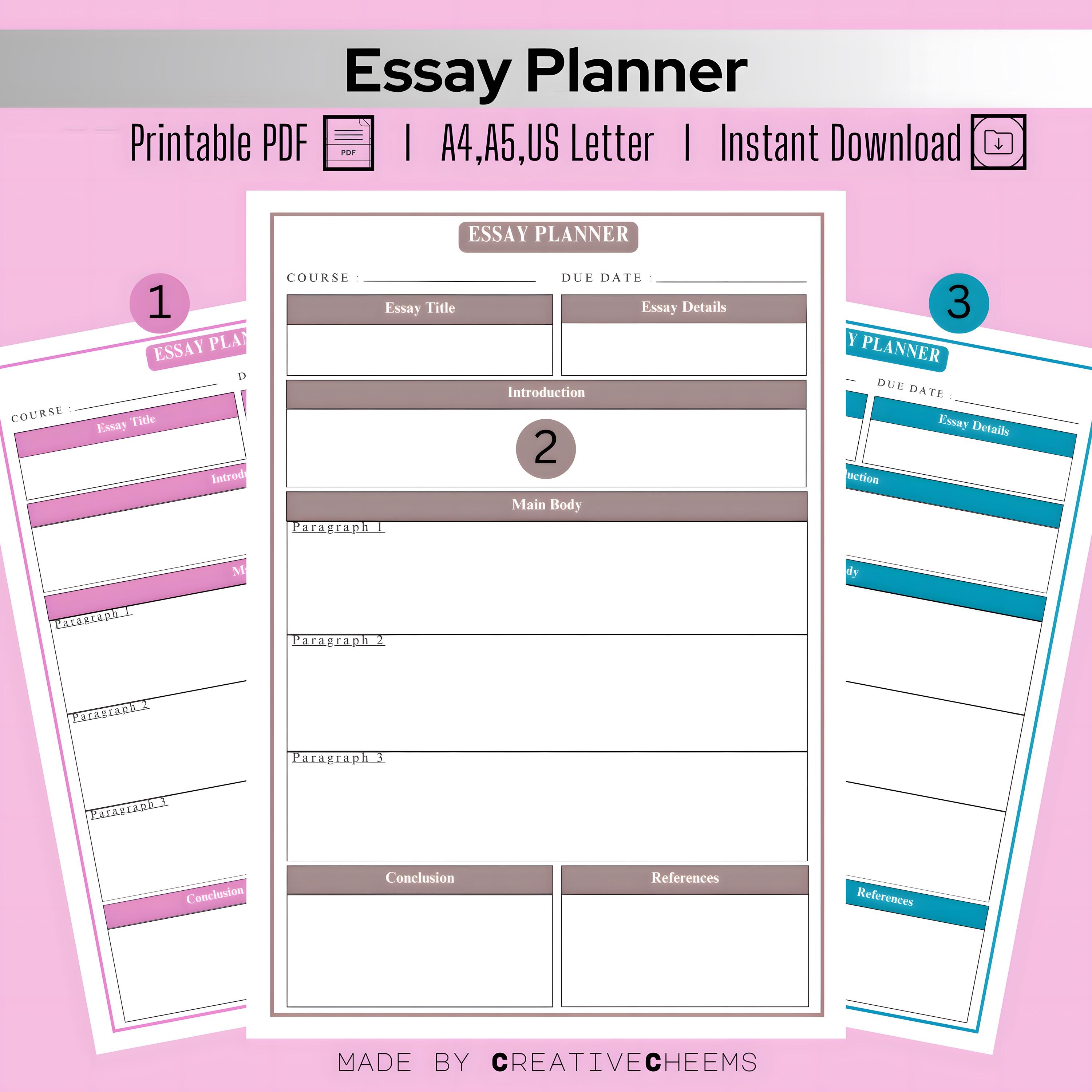 Printable Essay Planner Template | Essay Outline & Academic Writing Organizer | Study Planner |  Digital Download for Students | Essay Guide