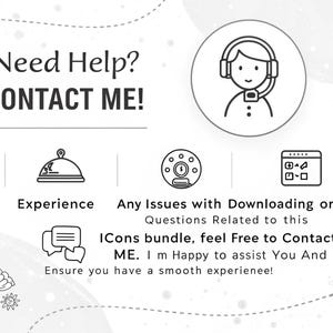Może przedstawiać: Czarno-biała grafika z tekstem "Need Help? CONTACT ME!" oraz ikonami reprezentującymi obsługę klienta, doświadczenie i pobieranie. Obraz zawiera r&oacute;wnież tekst "Ensure you have a smooth experienee!"