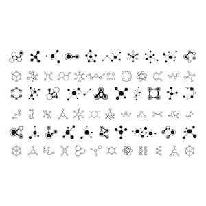 May include: A collection of black and white molecular structure diagrams. The designs vary in complexity, featuring interconnected circles and lines, representing atoms and bonds. The image is a scientific or educational illustration.