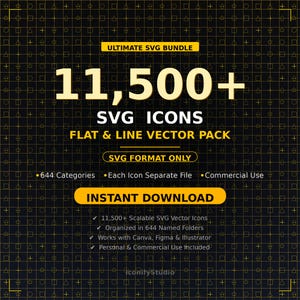 Może przedstawiać: Grafika cyfrowa z czarnym tłem i złotym tekstem promująca pakiet SVG. Tekst brzmi "ULTIMATE SVG BUNDLE" i "11 500+ SVG ICONS". Dodatkowy tekst podkreśla 644 kategorie i natychmiastowe pobieranie.