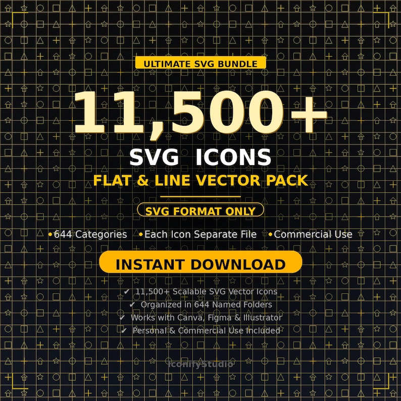 Może przedstawiać: Grafika cyfrowa z czarnym tłem i złotym tekstem promująca pakiet SVG. Tekst brzmi "ULTIMATE SVG BUNDLE" i "11 500+ SVG ICONS". Dodatkowy tekst podkreśla 644 kategorie i natychmiastowe pobieranie.
