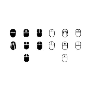 May include: A collection of black and white computer mouse icons. The icons vary in design, showing different shapes and button configurations. The image is a simple, graphic representation of computer mice.
