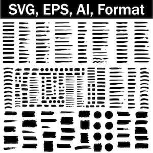 May include: A black and white graphic design featuring various brush stroke styles, including lines, dots, and shapes. The text "SVG, EPS, AI, Format" is displayed at the top, indicating the file formats available.