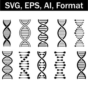 May include: Black and white graphic of various DNA helix designs. The image includes several different representations of the double helix structure, with variations in line thickness and style. The text "SVG, EPS, AI, Format" is at the top.