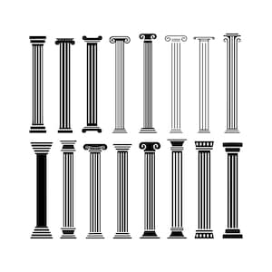 Op de afbeelding: Een verzameling zwart-wit illustraties van klassieke zuilen. De afbeeldingen tonen verschillende architecturale stijlen, met cannelures, versierde kapitelen en diverse voetdetails. De zuilen staan tegen een witte achtergrond.
