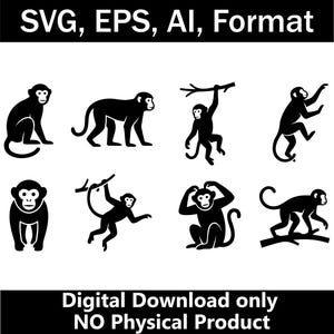 Könnte beinhalten: Eine Sammlung von acht schwarzen Affensilhouetten in verschiedenen Posen, darunter sitzend, stehend und an Ästen hängend. Das Bild enthält den Text SVG, EPS, AI, Format oben und Digital Download only NO Physical Product unten.