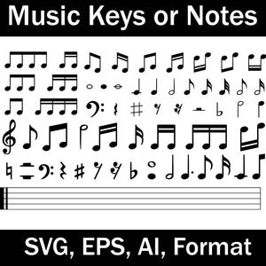 Puede incluir: Una ilustración en blanco y negro de varias claves y notas musicales, incluyendo la clave de sol, la clave de fa, sostenidos, bemoles y cabezas de nota. La imagen también incluye un pentagrama con tres líneas.