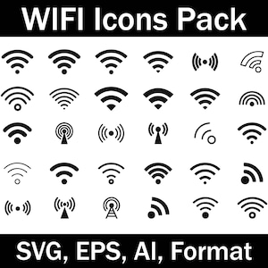 Può includere: Un set di 36 icone WiFi in bianco e nero in vari stili, tra cui indicatori di intensità del segnale, antenne e simboli di router. Le icone sono disposte in una griglia su uno sfondo bianco. Il testo "WIFI Icons Pack" è nella parte superiore dell'immagine, e il testo "SVG, EPS, AI, Format" è nella parte inferiore.