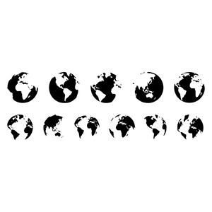 May include: A collection of ten black and white globe illustrations. Each globe shows a different perspective of the Earth, with continents and landmasses clearly defined against a white background. The globes are evenly spaced.