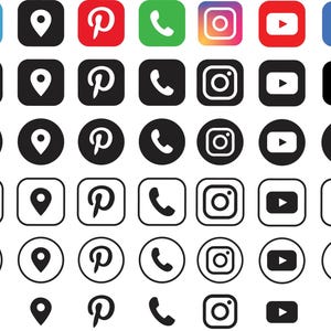 Może przedstawiać: Siatka ikon medi&oacute;w społecznościowych w r&oacute;żnych kolorach i stylach. Ikony obejmują WhatsApp, Snapchat, LinkedIn, e-mail, pinezkę lokalizacji, Pinterest, telefon, Instagram, YouTube, Facebook, symbol @, X i TikTok. Niekt&oacute;re ikony są obrysowane, inne pełne.