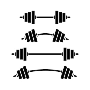 May include: Black and white graphic illustration of four barbells. Two straight barbells and two curved barbells are shown. Each barbell has weight plates on either side of the bar, indicating a fitness or weightlifting theme.