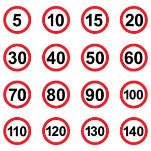Puede incluir: Dieciséis señales de tráfico circulares con números negros que indican límites de velocidad, que van de 5 a 140, dentro de círculos rojos. Las señales están dispuestas en una cuadrícula sobre un fondo blanco.