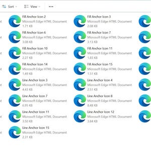 Może przedstawiać: Ekran komputera wyświetlający wiele ikon dokument&oacute;w HTML Microsoft Edge. Ikony mają niebiesko-zielony wirujący wz&oacute;r. Tekst zawiera "Fill Anchor Icon" i "Line Anchor Icon" z numerami.