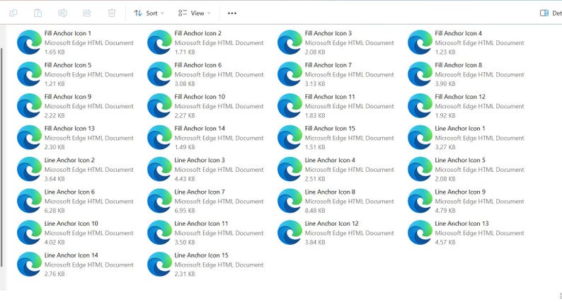 Może przedstawiać: Ekran komputera wyświetlający wiele ikon dokument&oacute;w HTML Microsoft Edge. Ikony mają niebiesko-zielony wirujący wz&oacute;r. Tekst zawiera "Fill Anchor Icon" i "Line Anchor Icon" z numerami.