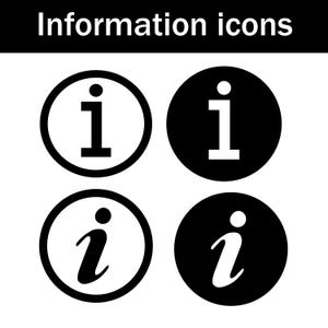 May include: Black and white graphic with the text "Information icons" at the top. The image features four "i" icons, two in black circles and two in white circles with black outlines. The "i" icons are in a sans-serif font.