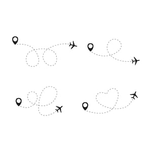 May include: A set of four black and white travel-themed illustrations. Each design features a black airplane following a dotted line path from a black location marker, with looping and heart-shaped flight paths.