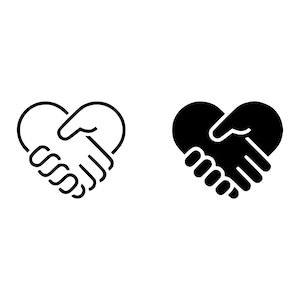 May include: Two black and white heart-shaped logos. One is an outline of a heart with two hands shaking inside. The other is a solid black heart with two hands shaking inside.