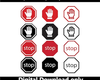 Stop Sign SVG, Warning Icon Set, Hand Symbol Vector, Octagon Clipart, Traffic EPS AI, Digital Download
