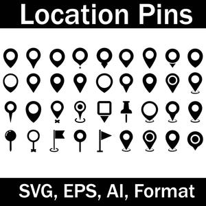 Pacchetto bundle di icone di pin della mappa di posizione / Indicatore GPS e puntatore di posizione / Vettore piatto moderno / SVG nero, EPS, Ai