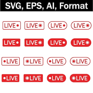 May include: A collection of red "LIVE" icons in various shapes, including rectangles and ovals, with a white border. Some icons feature a white circle or dot. The text "SVG, EPS, AI, Format" is at the top.