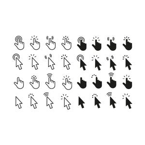 May include: A collection of black and white computer cursor and hand icons. The icons include pointing hands, clicking hands, and arrow cursors, some with wireless signal indicators. The icons are arranged in rows and columns on a white background.