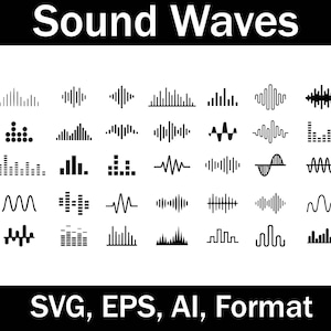 Può includere: Una collezione di 25 icone di onde sonore in bianco e nero. Le icone sono in vari stili, tra cui linee semplici, barre e forme più complesse. Il testo "Sound Waves" è in cima all'immagine, e il testo "SVG, EPS, AI, Format" è in fondo.