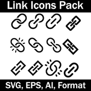 Puede incluir: Un conjunto de nueve iconos de enlace negros en varios estilos, que incluyen un enlace roto, una cadena enlazada y un solo enlace. Los iconos están diseñados para su uso en diseño web y diseño gráfico.