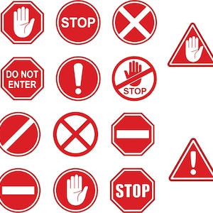 May include: A collection of red and white traffic signs and symbols, including stop signs, no entry signs, and warning symbols. The signs feature various shapes, such as octagons, circles, and triangles, with white text and symbols on a red background.