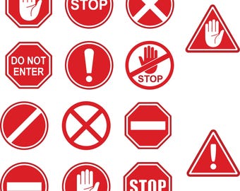 Pakiet wektorów czerwonych znaków stop i ostrzegawczych: ikony bezpieczeństwa w plikach SVG, EPS i AI (kliparty cyfrowe)